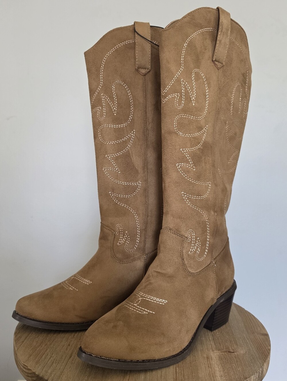 New Cowboy Women’s Tan Suede Look Western Knee-High Boots